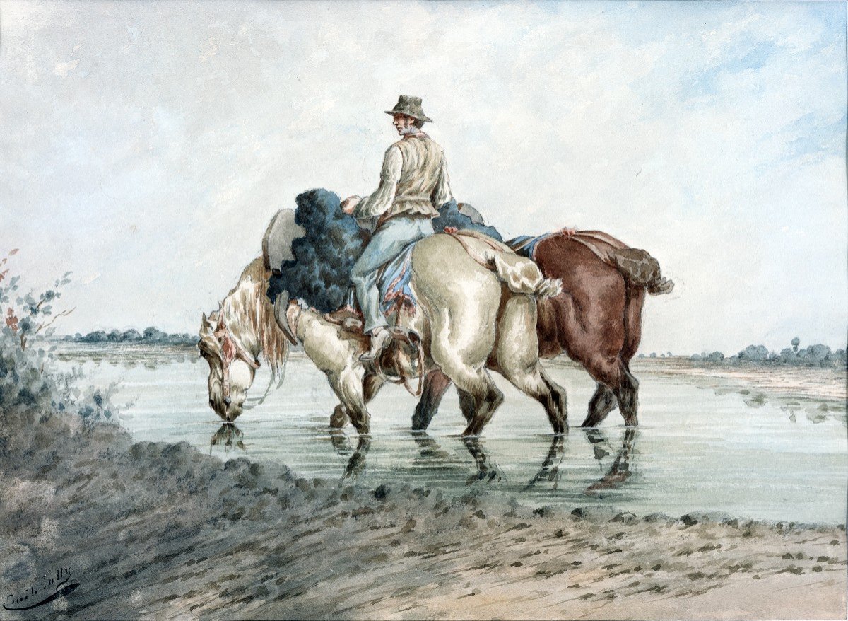 Jolly Emile – Man Driving 2 Horses Into Water – Watercolor – Circa 1880 - Signed  