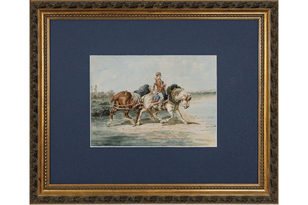 Jolly Emile – Jeune Homme Conduisant 2 Chevaux – Aquarelle – Circa 1880 - Signé  -photo-2