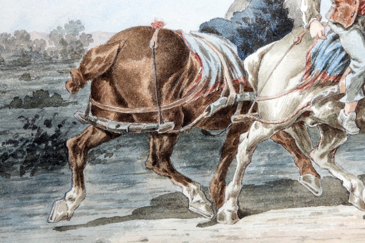 Jolly Emile – Jeune Homme Conduisant 2 Chevaux – Aquarelle – Circa 1880 - Signé  -photo-3