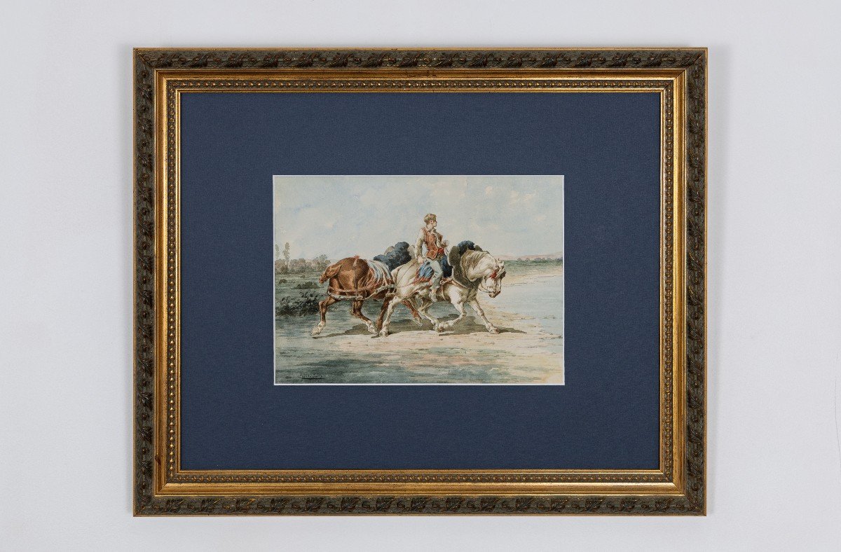 Jolly Emile – Jeune Homme Conduisant 2 Chevaux – Aquarelle – Circa 1880 - Signé  -photo-5