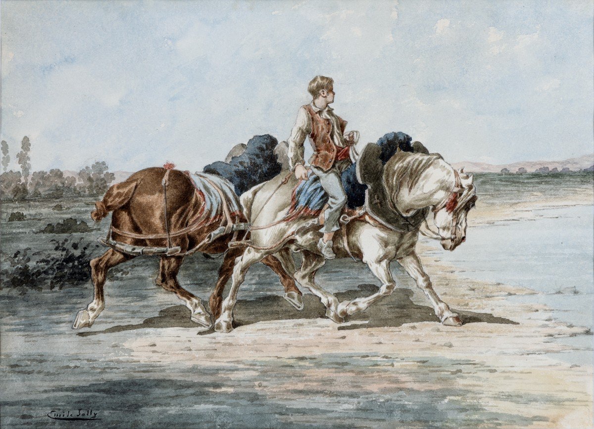 Jolly Emile – Jeune Homme Conduisant 2 Chevaux – Aquarelle – Circa 1880 - Signé  