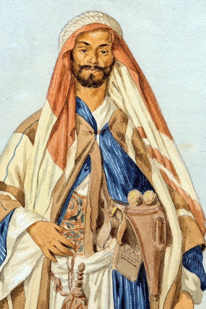 Orientalism - Pinel De Grandchamp Louis Emile - Portrait Of An Egyptian - Watercolor - Signed-photo-1