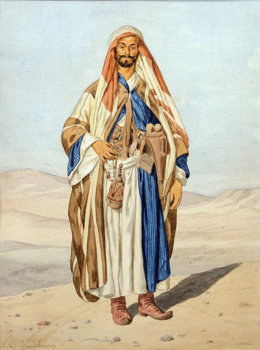 Orientalism - Pinel De Grandchamp Louis Emile - Portrait Of An Egyptian - Watercolor - Signed