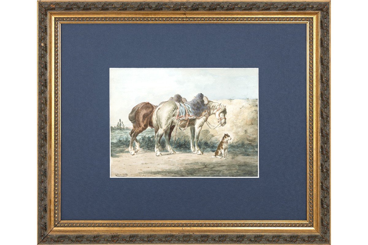 Jolly Emile – Two Horses And A Dog – Watercolor – Circa 1880 - Signed  -photo-2