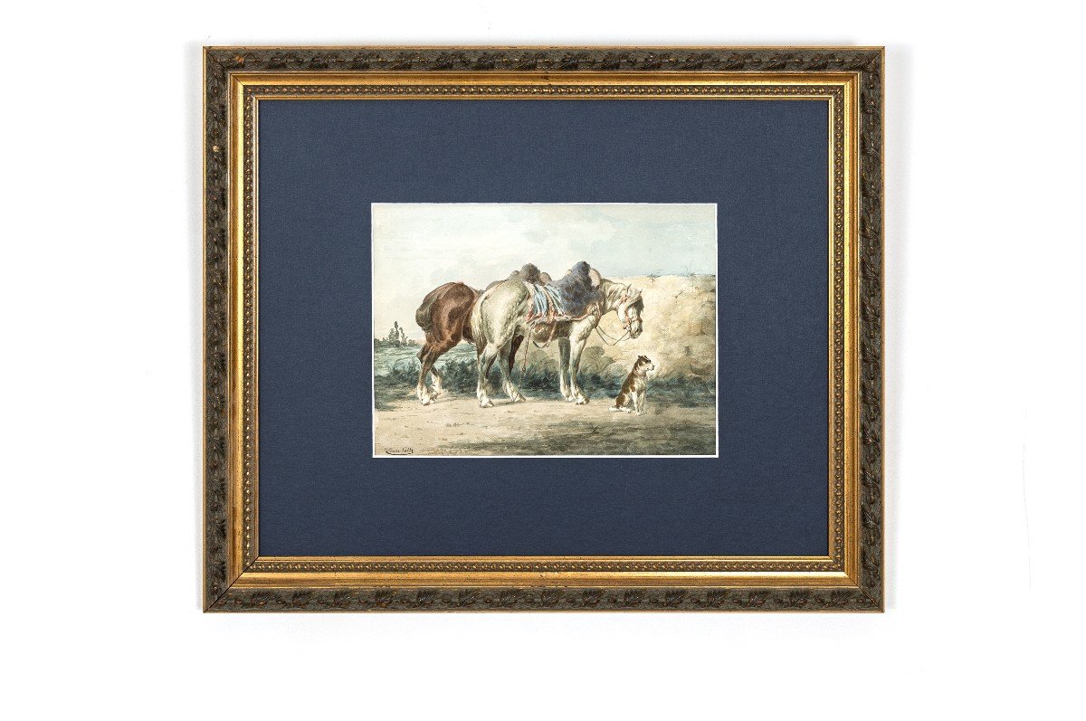 Jolly Emile – Two Horses And A Dog – Watercolor – Circa 1880 - Signed  -photo-4