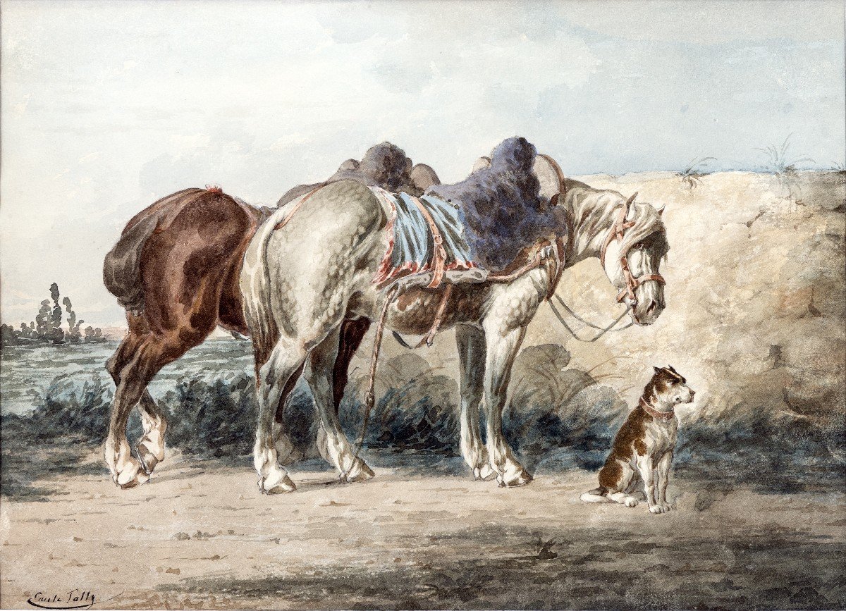 Jolly Emile – Two Horses And A Dog – Watercolor – Circa 1880 - Signed  