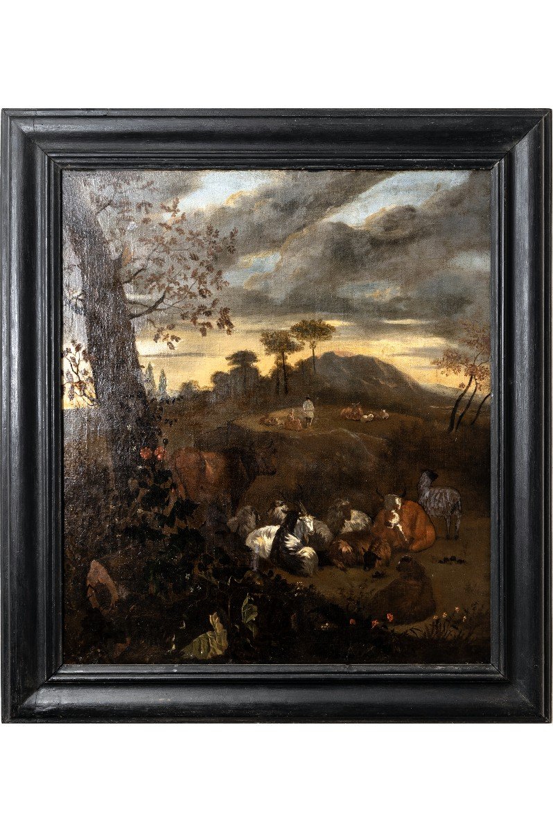 Berchem Nicolaes, Circle Of – Pastoral Scene With Herd – Oil On Canvas – 17th Century-photo-2