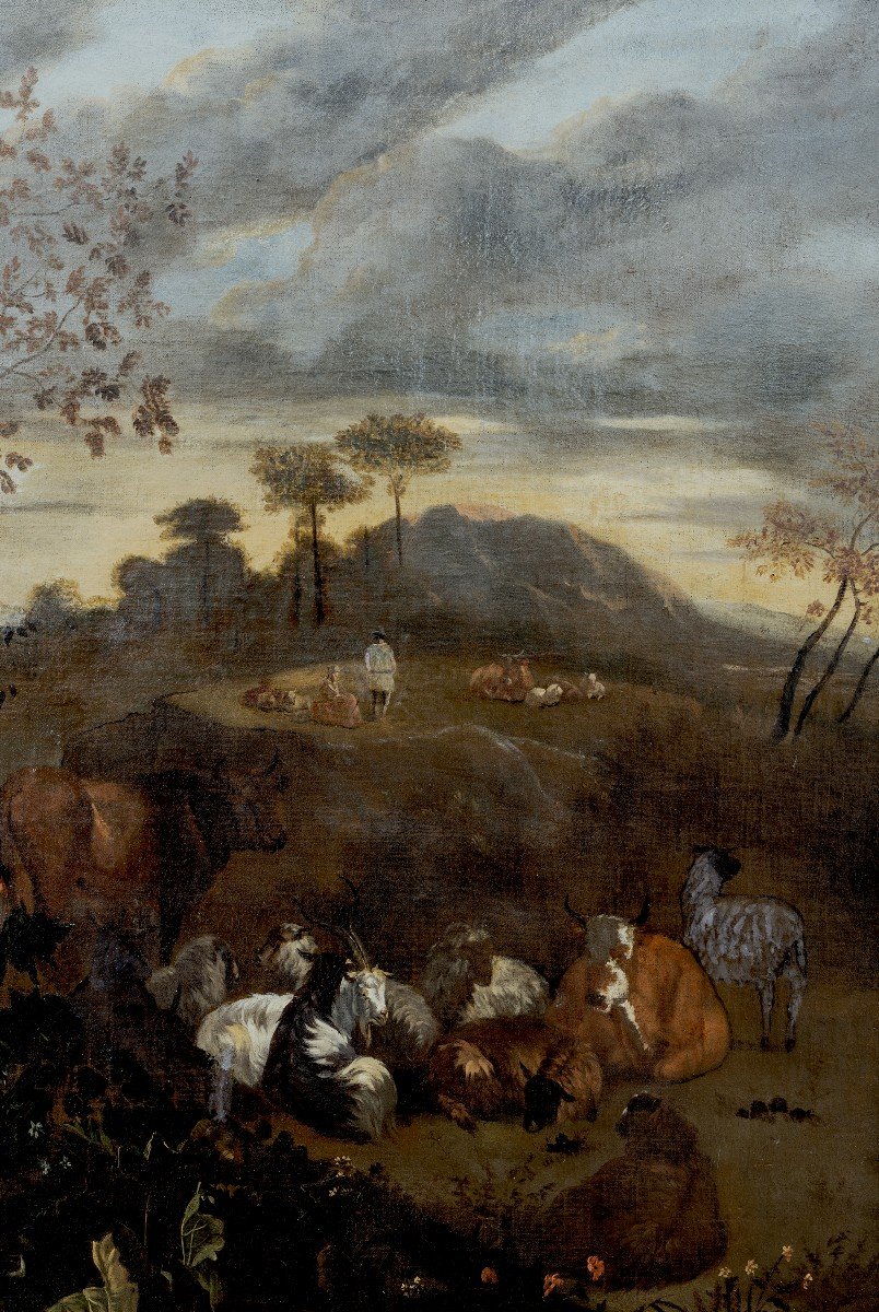 Berchem Nicolaes, Circle De – Scène Pastorale Avec Troupeau – Huile Sur Toile – XVIIe S.-photo-1