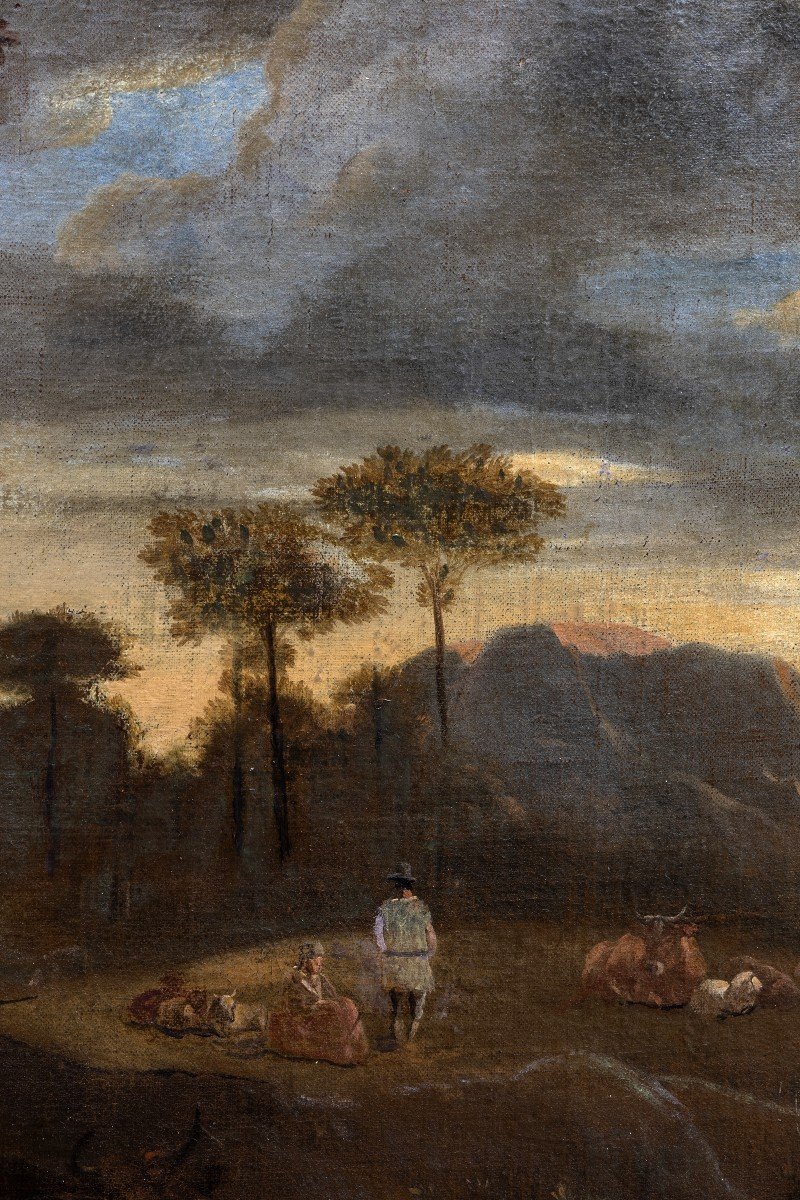 Berchem Nicolaes, Circle De – Scène Pastorale Avec Troupeau – Huile Sur Toile – XVIIe S.-photo-3