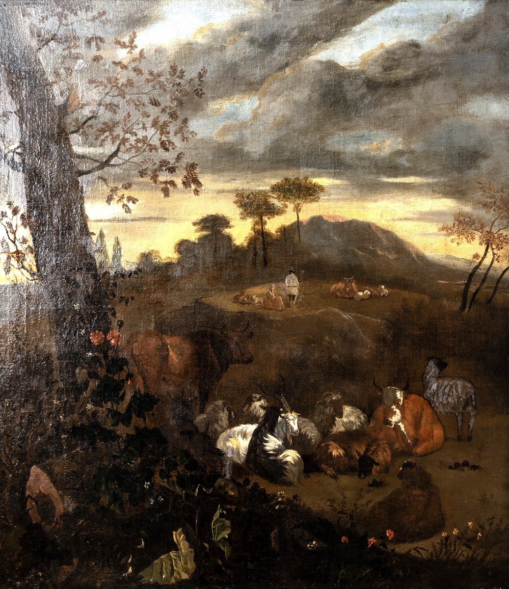 Berchem Nicolaes, Circle Of – Pastoral Scene With Herd – Oil On Canvas – 17th Century