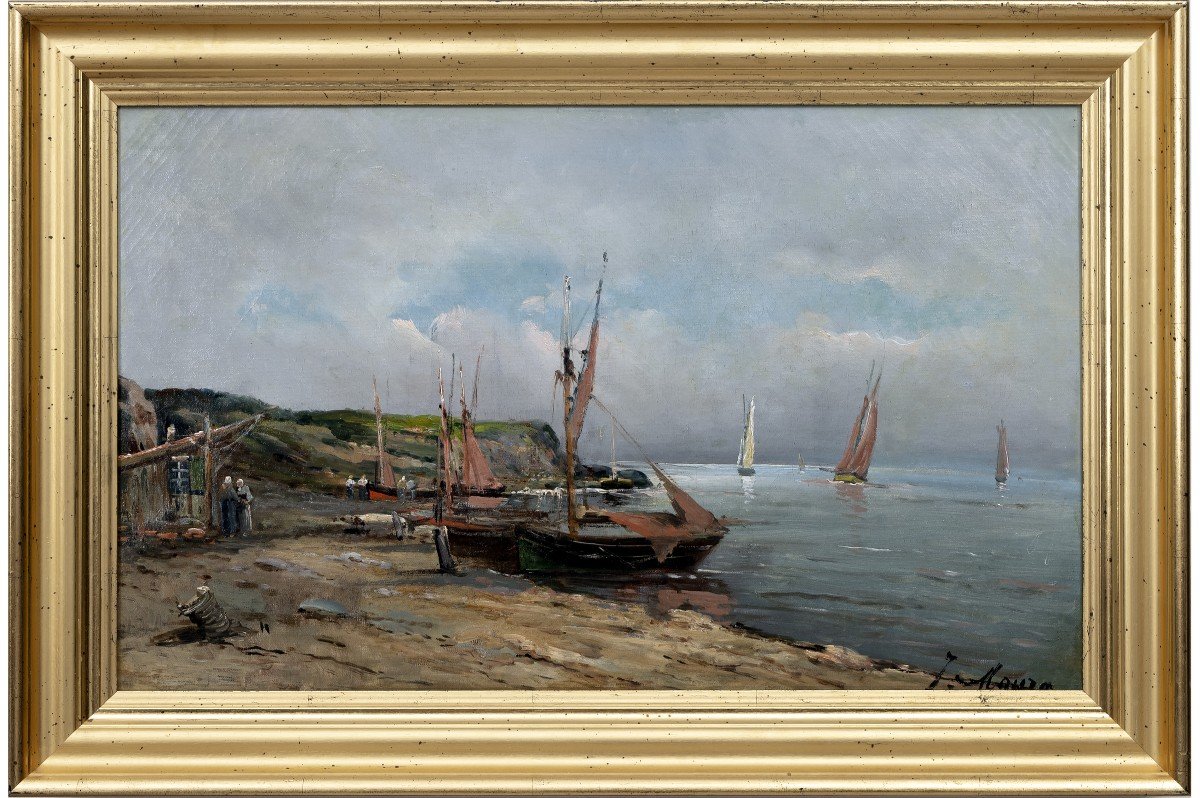 Marine – Sailboats At Low Tide – Oil On Canvas – Signed – Early 20th Century-photo-2