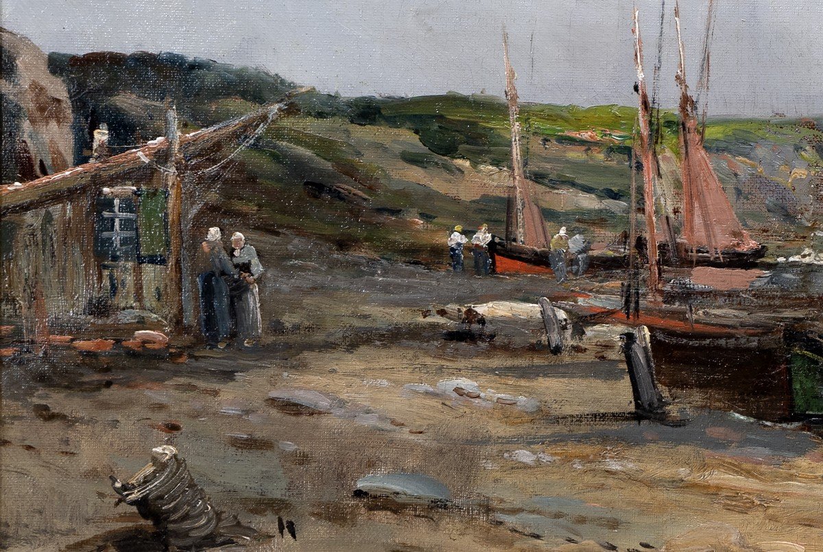 Marine – Sailboats At Low Tide – Oil On Canvas – Signed – Early 20th Century-photo-1