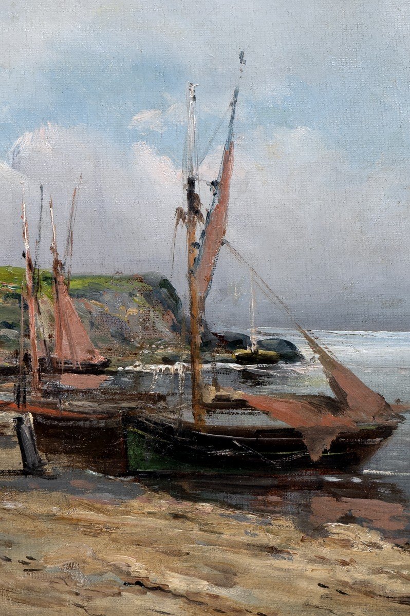 Marine – Sailboats At Low Tide – Oil On Canvas – Signed – Early 20th Century-photo-2