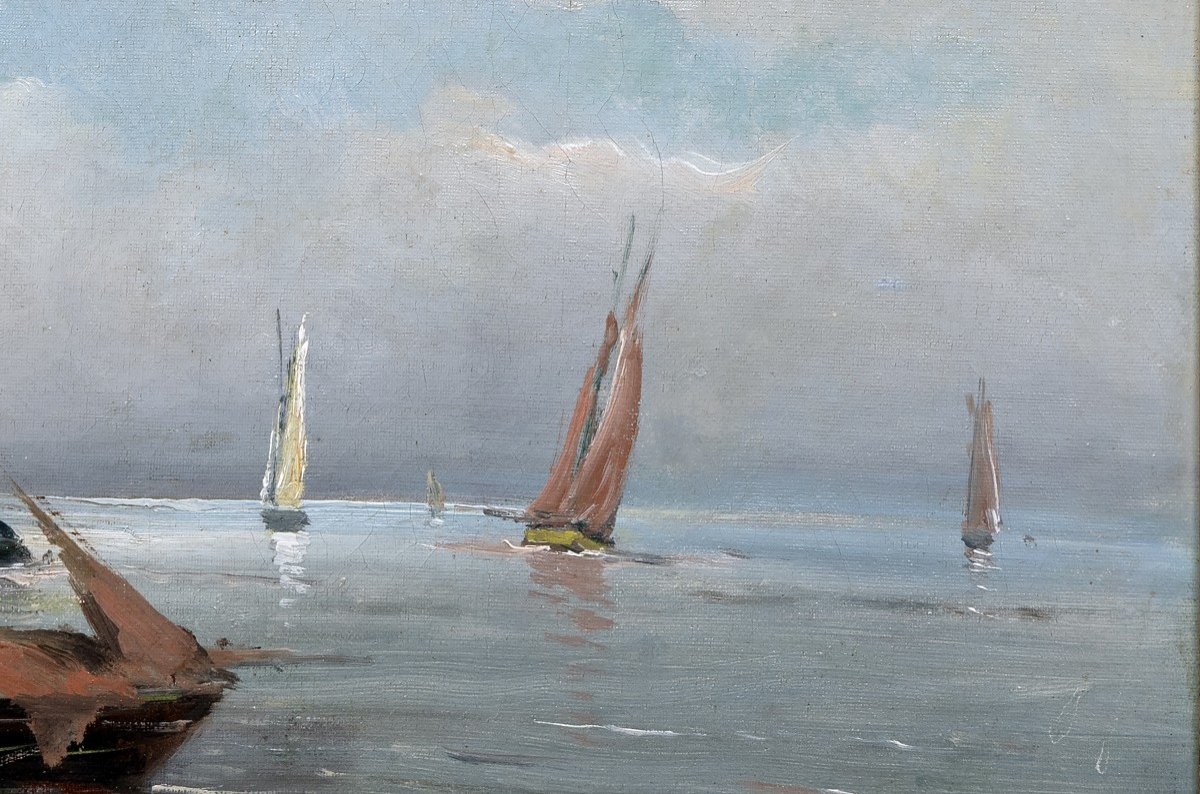 Marine – Sailboats At Low Tide – Oil On Canvas – Signed – Early 20th Century-photo-3