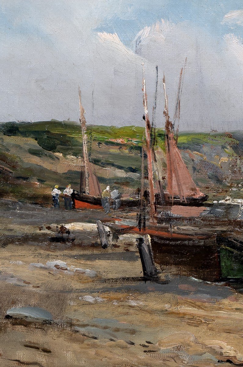 Marine – Sailboats At Low Tide – Oil On Canvas – Signed – Early 20th Century-photo-4