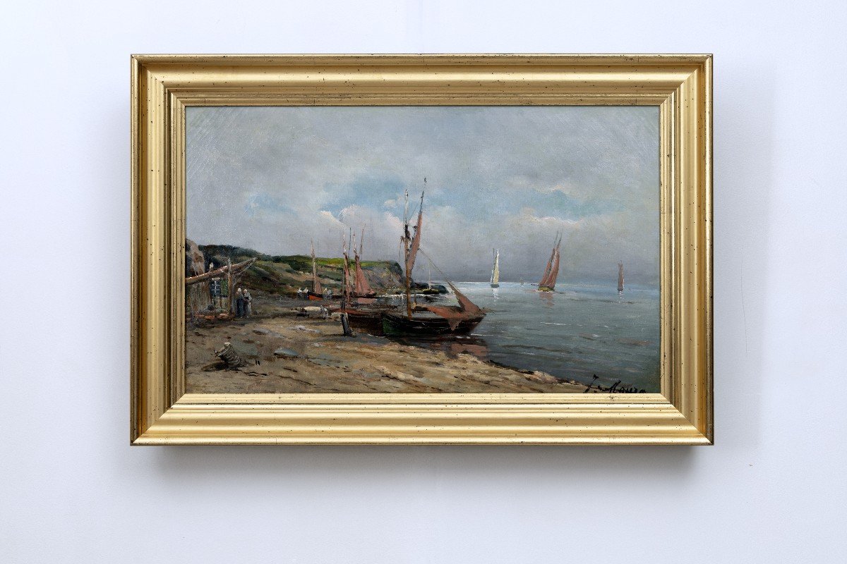 Marine – Sailboats At Low Tide – Oil On Canvas – Signed – Early 20th Century-photo-5