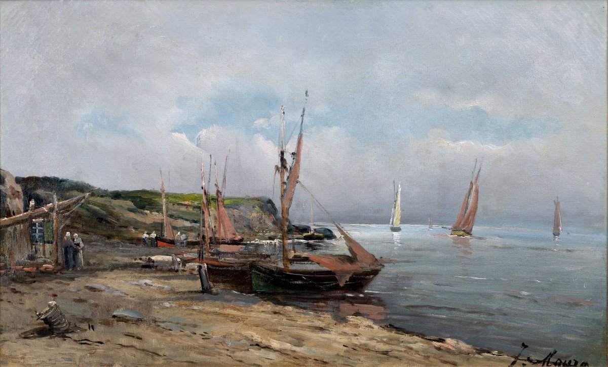 Marine – Sailboats At Low Tide – Oil On Canvas – Signed – Early 20th Century