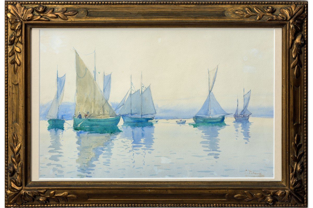 Pelenc Simeon – Fishing Boats In The Mediterranean – Watercolor – Signed – Late 19th Century -photo-2