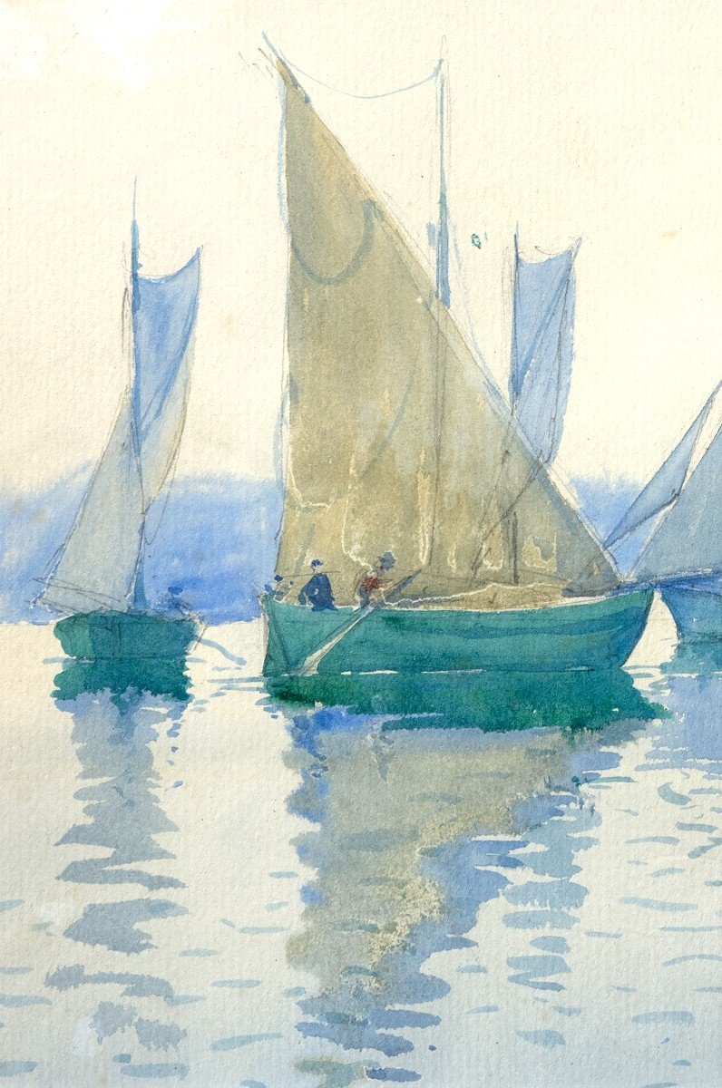 Pelenc Simeon – Fishing Boats In The Mediterranean – Watercolor – Signed – Late 19th Century -photo-3