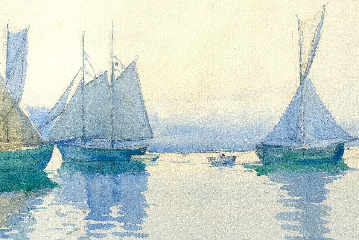 Pelenc Simeon – Fishing Boats In The Mediterranean – Watercolor – Signed – Late 19th Century -photo-1