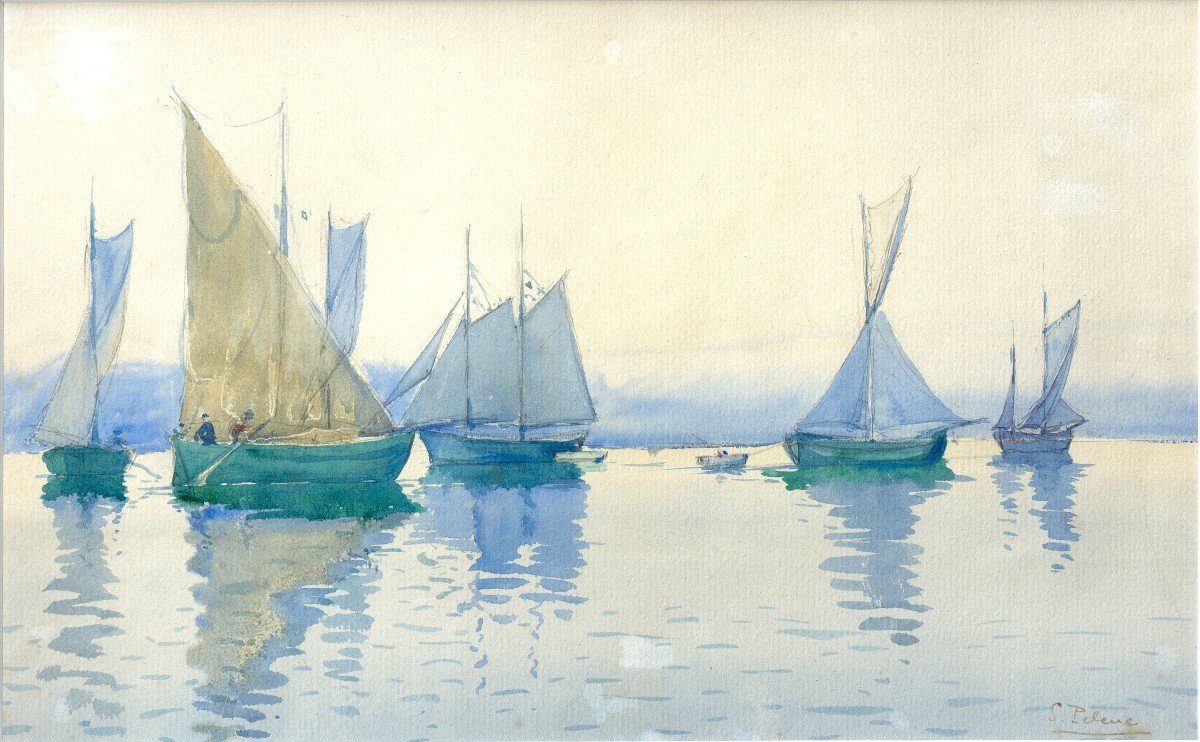 Pelenc Simeon – Fishing Boats In The Mediterranean – Watercolor – Signed – Late 19th Century 