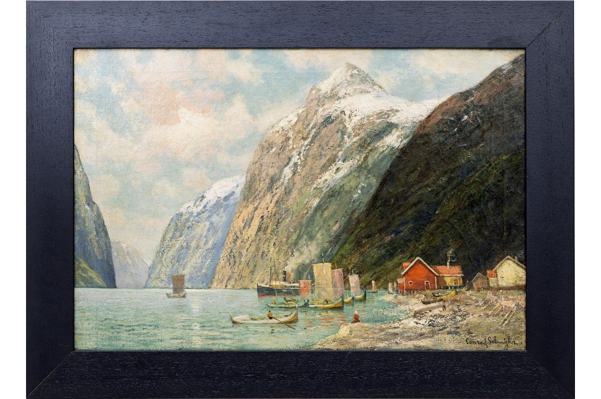 Norvège - Conrad Selmyhr -  Le Fjord Et La Maison Rouge – Début XXe – Signé-photo-2