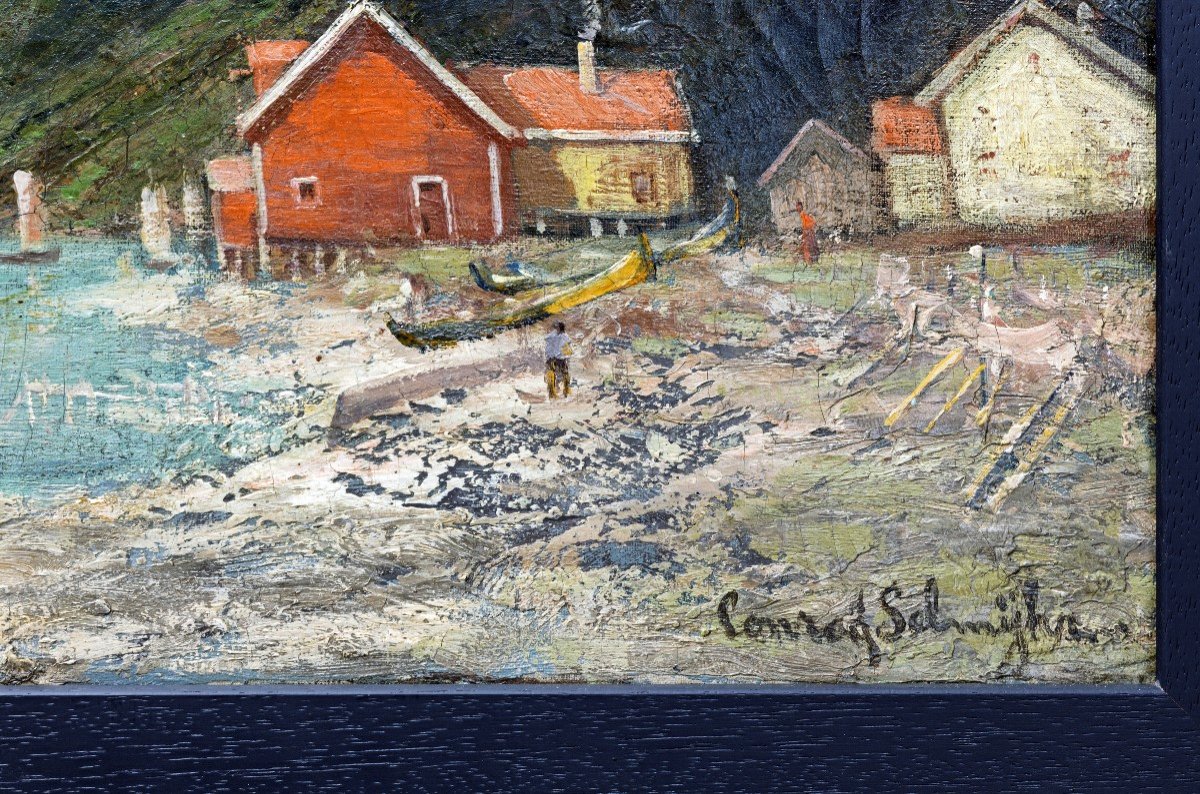 Norvège - Conrad Selmyhr -  Le Fjord Et La Maison Rouge – Début XXe – Signé-photo-3