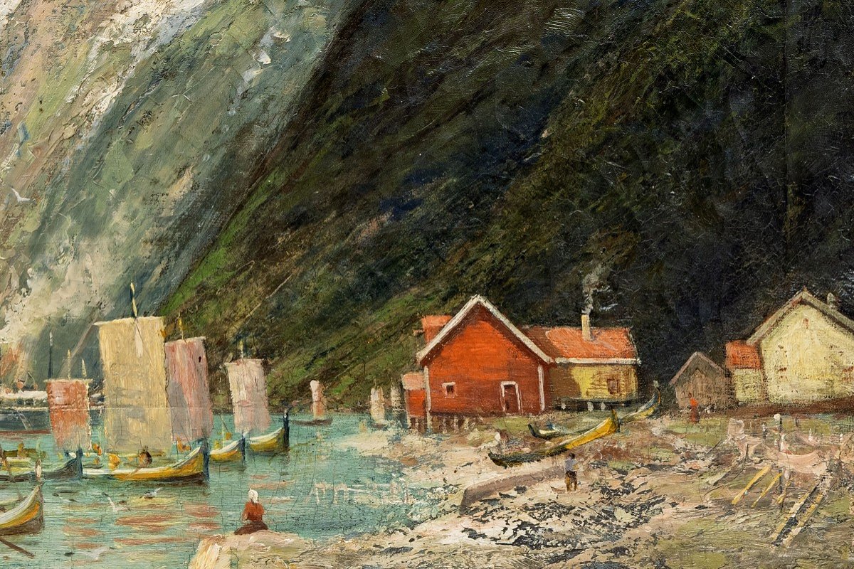 Norvège - Conrad Selmyhr -  Le Fjord Et La Maison Rouge – Début XXe – Signé-photo-1