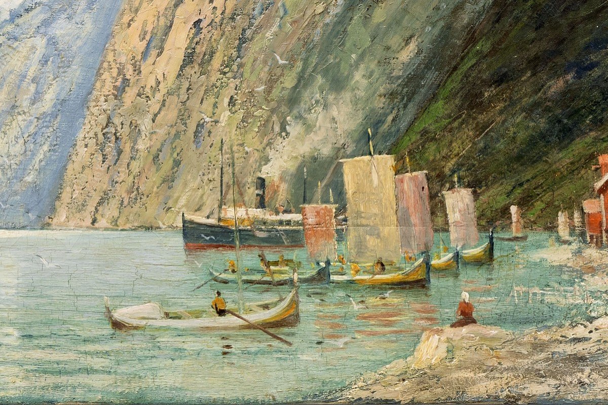 Norvège - Conrad Selmyhr -  Le Fjord Et La Maison Rouge – Début XXe – Signé-photo-2