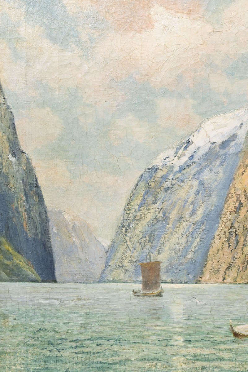 Norvège - Conrad Selmyhr -  Le Fjord Et La Maison Rouge – Début XXe – Signé-photo-3