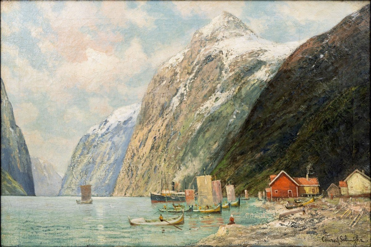 Norvège - Conrad Selmyhr -  Le Fjord Et La Maison Rouge – Début XXe – Signé