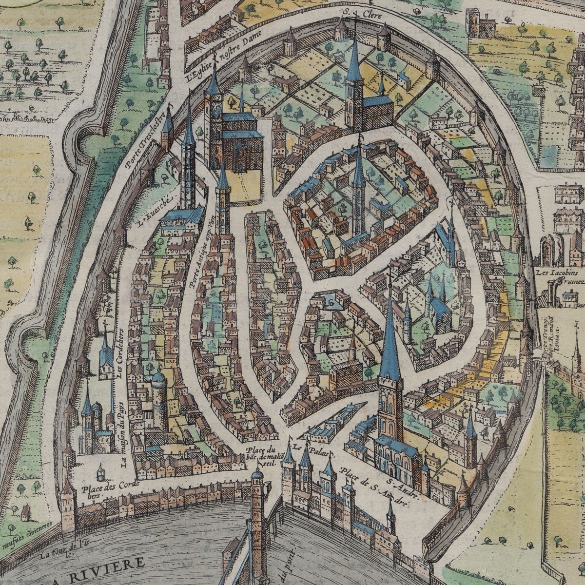 Gravure Colorée – Plan Cavalier De La Ville De Grenoble – XVIIe S.-photo-3