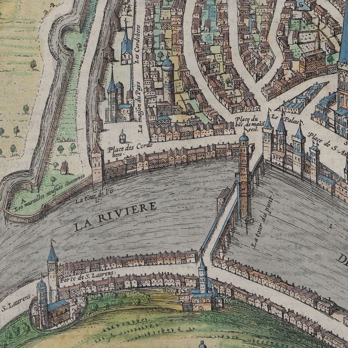 Gravure Colorée – Plan Cavalier De La Ville De Grenoble – XVIIe S.-photo-1