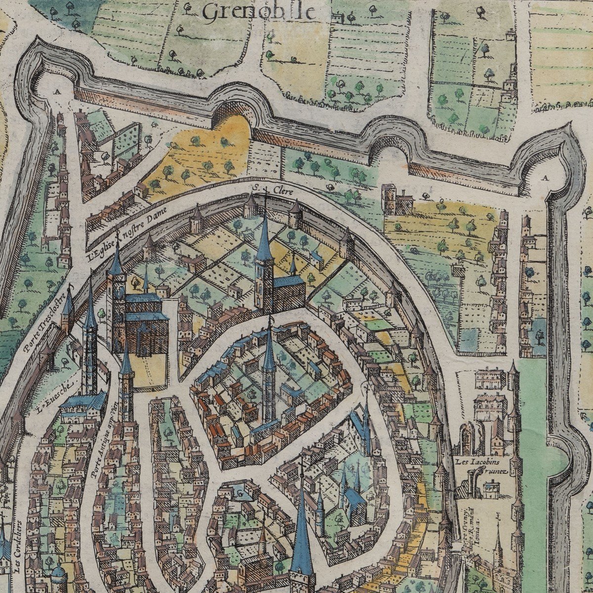 Gravure Colorée – Plan Cavalier De La Ville De Grenoble – XVIIe S.-photo-2