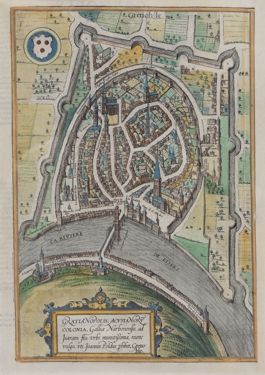 Gravure Colorée – Plan Cavalier De La Ville De Grenoble – XVIIe S.