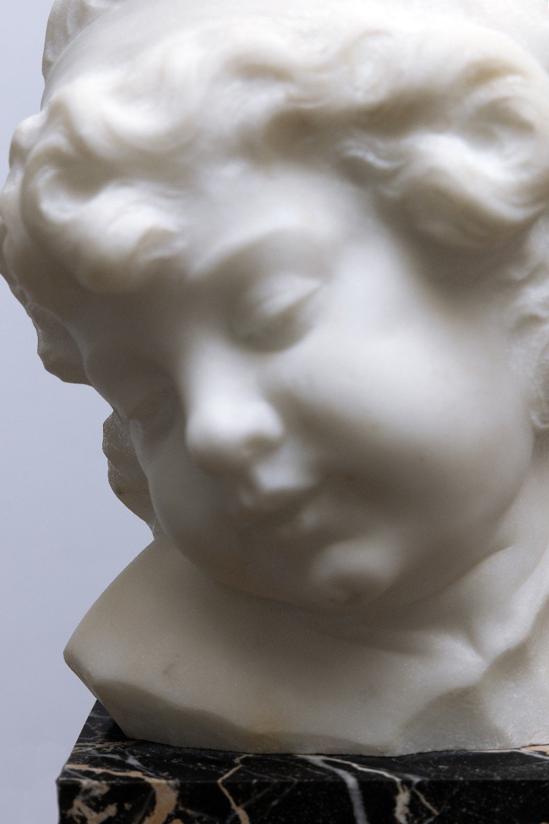 Gugliemo Pugi - Child's Head - Marble Sculpture - Signed - Late 19th Century-photo-2