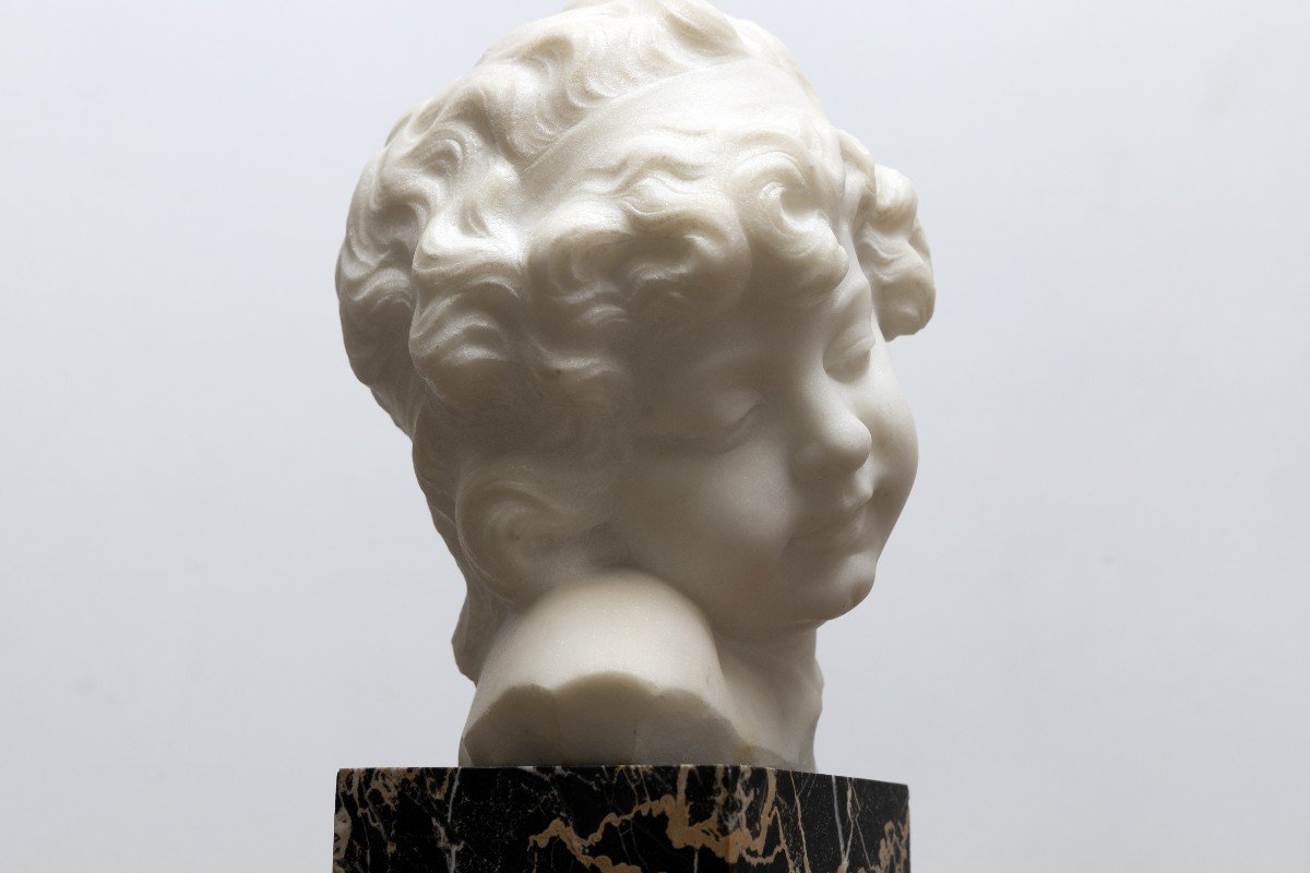 Gugliemo Pugi - Child's Head - Marble Sculpture - Signed - Late 19th Century-photo-3