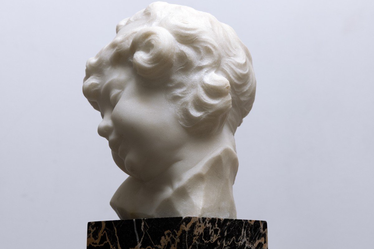 Gugliemo Pugi - Child's Head - Marble Sculpture - Signed - Late 19th Century-photo-4