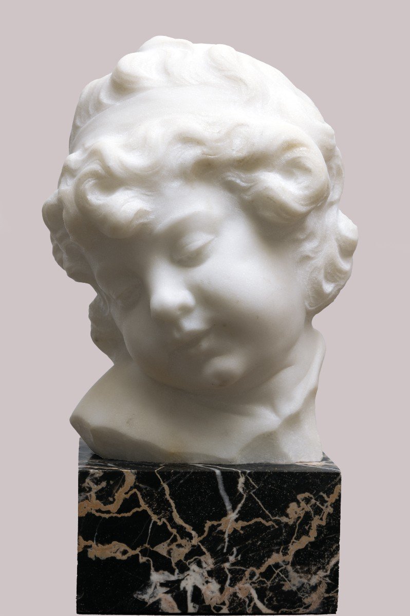 Gugliemo Pugi - Child's Head - Marble Sculpture - Signed - Late 19th Century