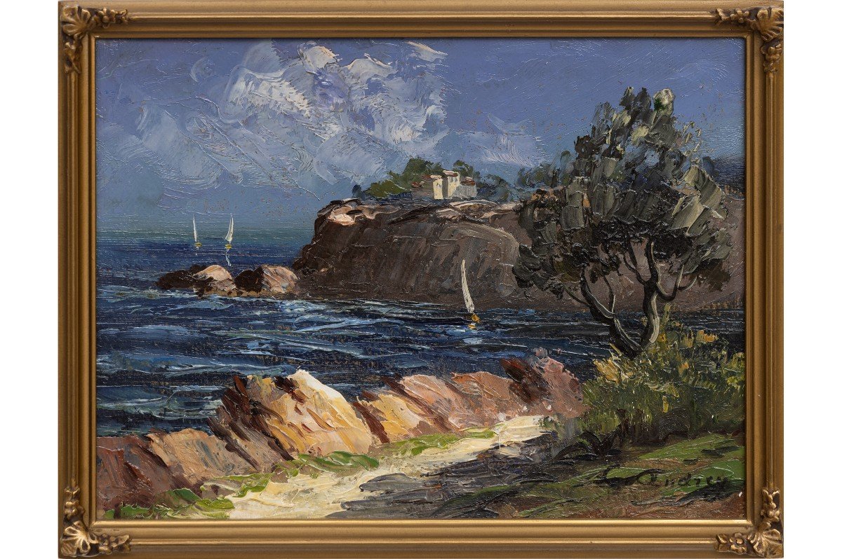 Louis Andrey – Mediterranean Seaside – Oil On Cardboard – Signed-photo-2