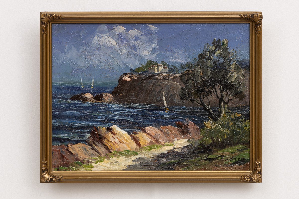 Louis Andrey – Mediterranean Seaside – Oil On Cardboard – Signed-photo-5