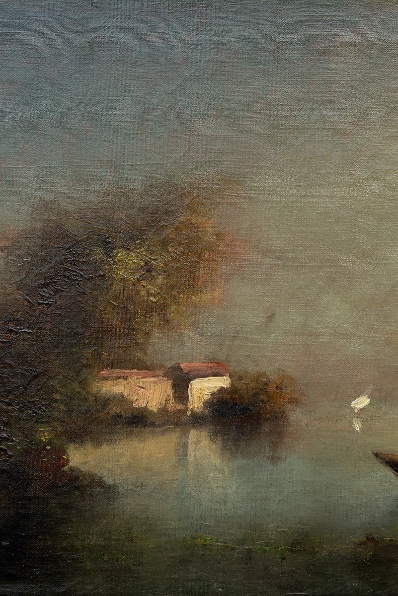 Maglione André (1838 – 1923)  – Paysage De Rivière Dans La Brume – Huile Sur Toile - Signé-photo-2