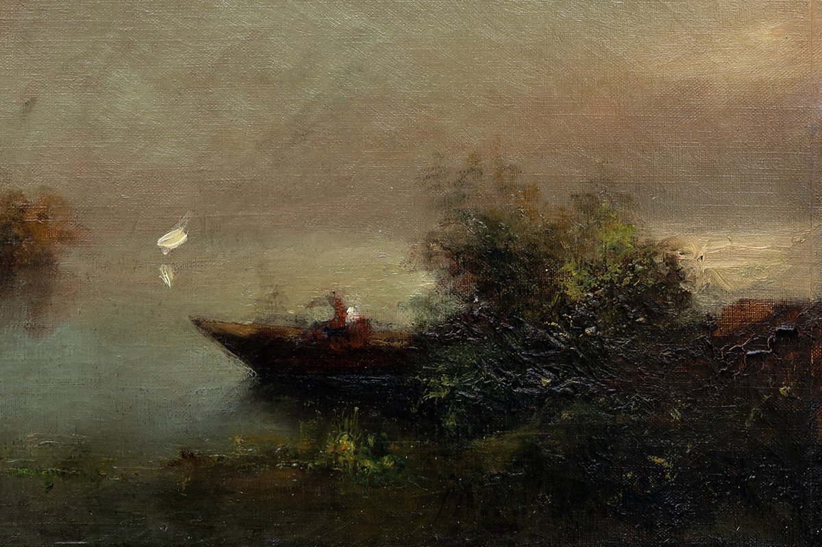 Maglione André (1838 – 1923)  – Paysage De Rivière Dans La Brume – Huile Sur Toile - Signé-photo-3