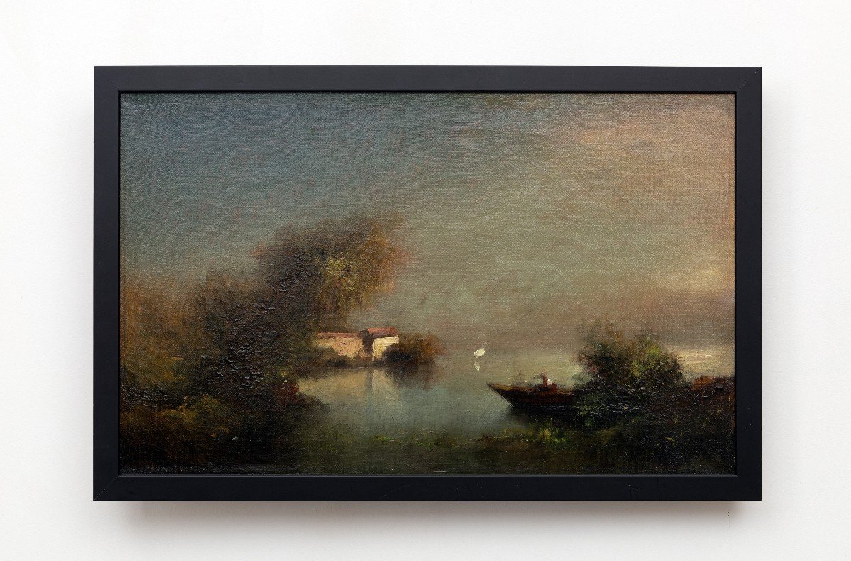 Maglione André (1838 – 1923)  – Paysage De Rivière Dans La Brume – Huile Sur Toile - Signé-photo-4