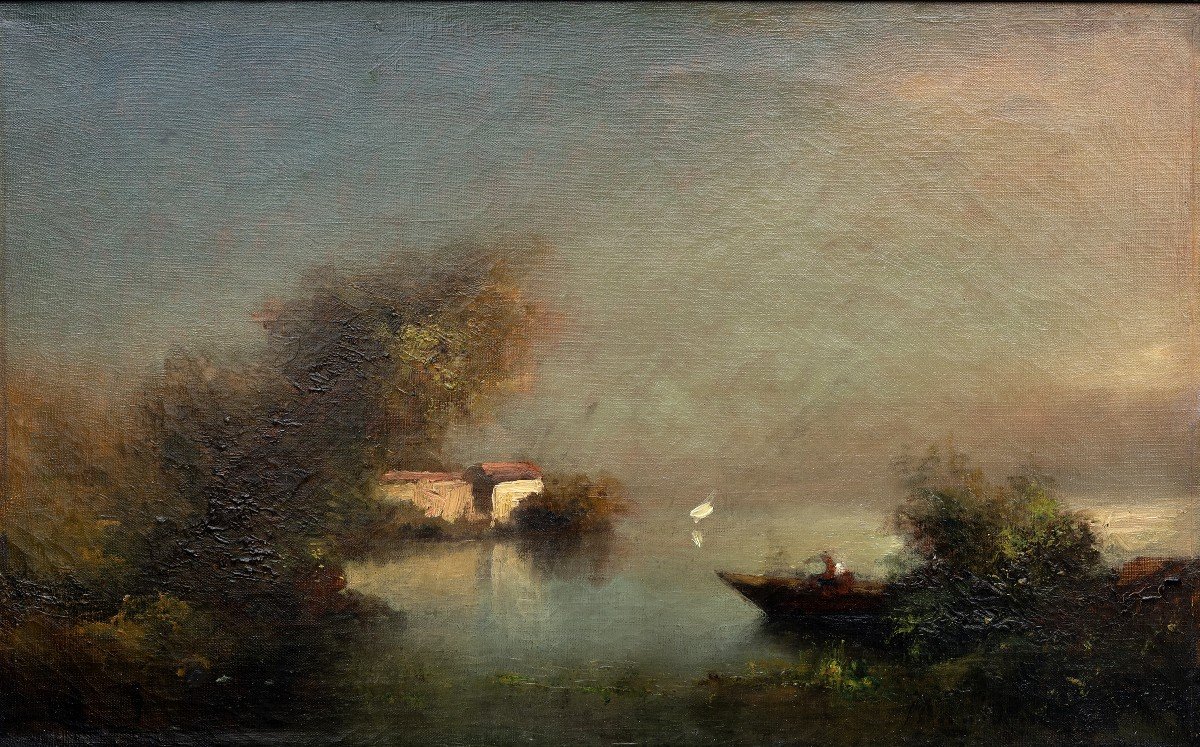 Maglione André (1838 – 1923)  – Paysage De Rivière Dans La Brume – Huile Sur Toile - Signé