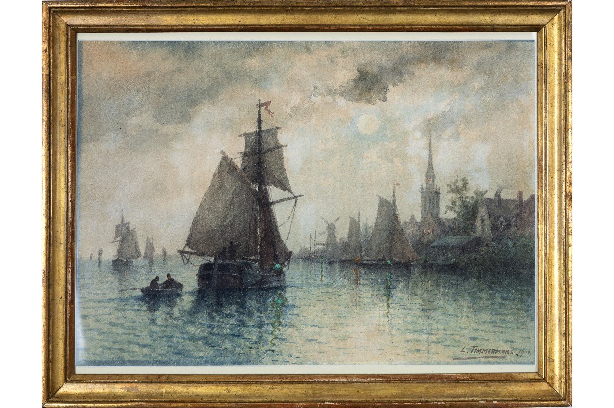 Louis Etienne Timmermans – Voiliers Au Port – Aquarelle – Signé Et Daté 1900-photo-2