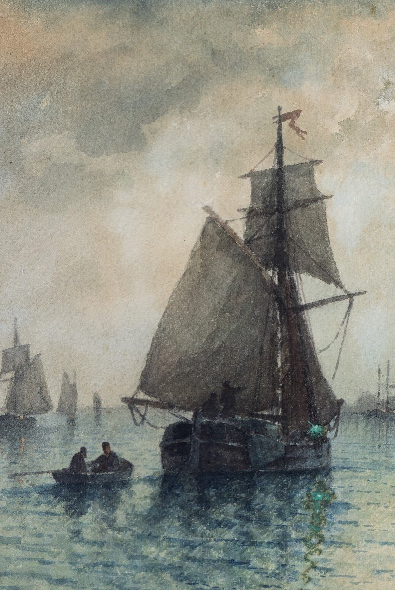 Louis Etienne Timmermans – Voiliers Au Port – Aquarelle – Signé Et Daté 1900-photo-1