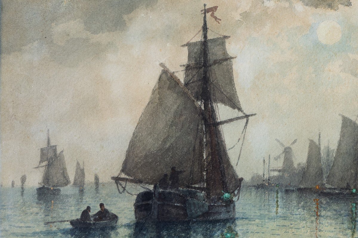 Louis Etienne Timmermans – Voiliers Au Port – Aquarelle – Signé Et Daté 1900-photo-2