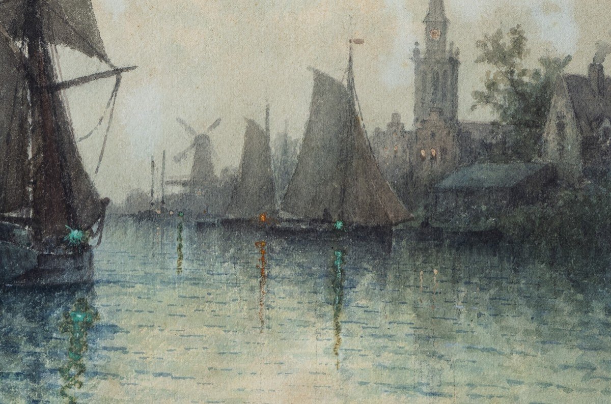 Louis Etienne Timmermans – Voiliers Au Port – Aquarelle – Signé Et Daté 1900-photo-3