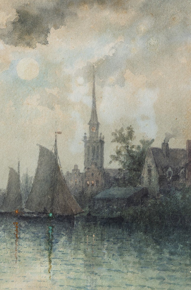 Louis Etienne Timmermans – Voiliers Au Port – Aquarelle – Signé Et Daté 1900-photo-4